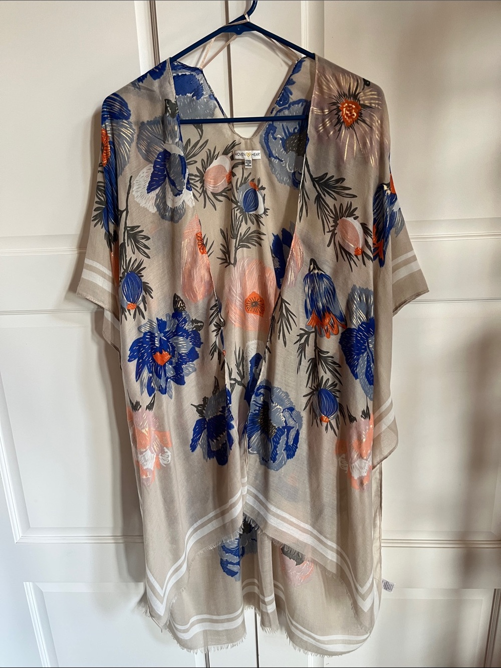 Women’s Floral Kimono Cover-Up in Taupe with Blue & Coral Accents